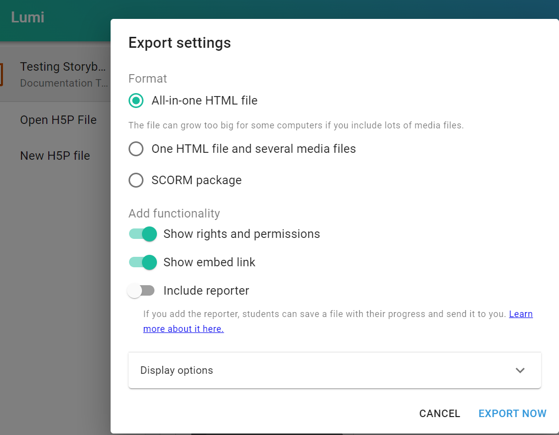 Export Settings for Lumi desktop application