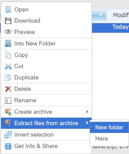 The menu that has the location of the option to Extract file from archive. The New Folder option is highlighted.