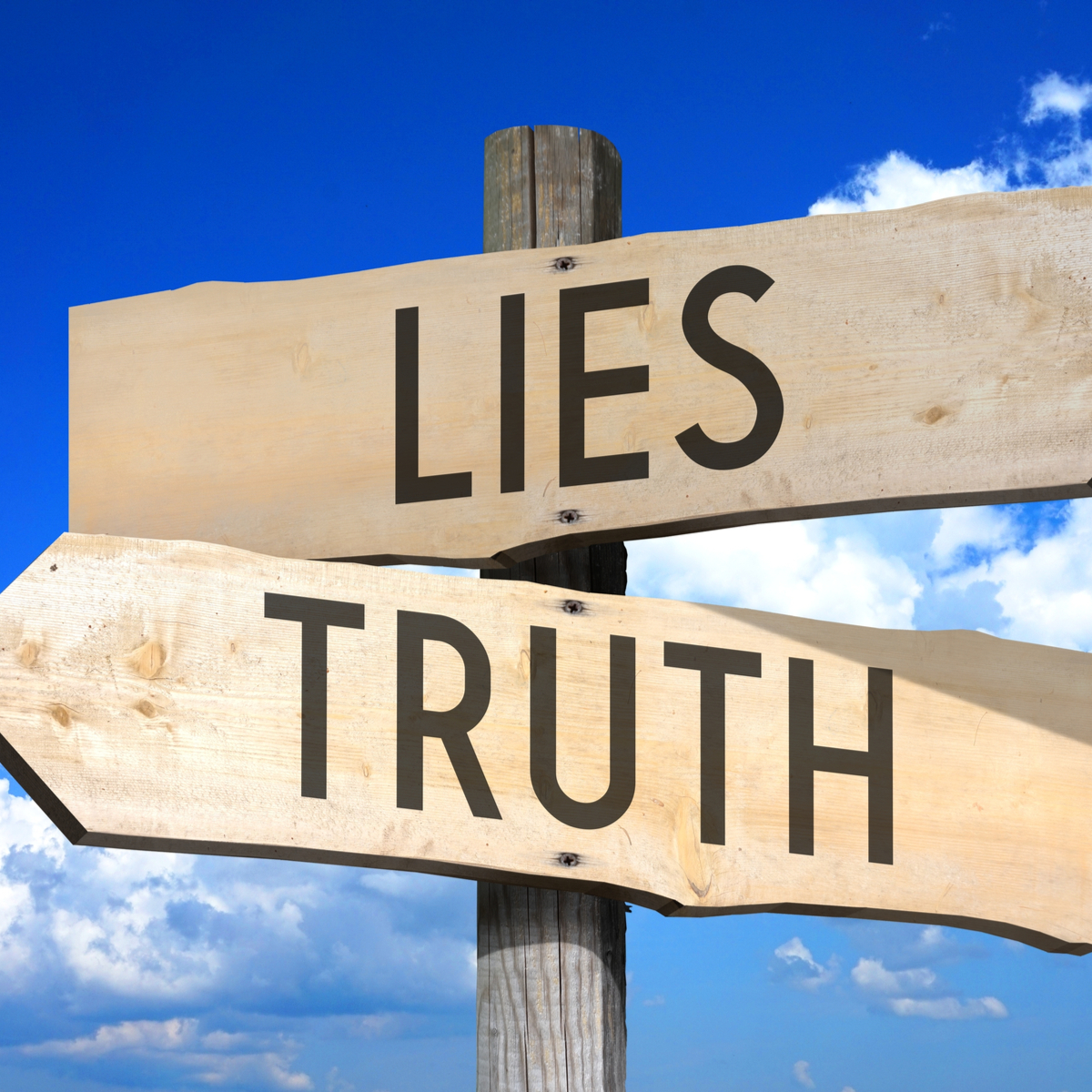 Lies and truth written on wooden signpost