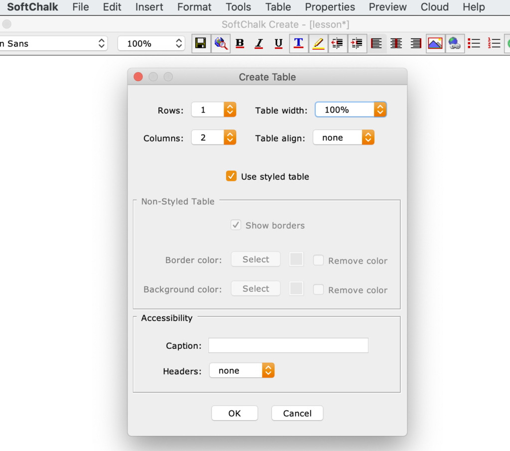 Create Table window, with the table width as 100%.