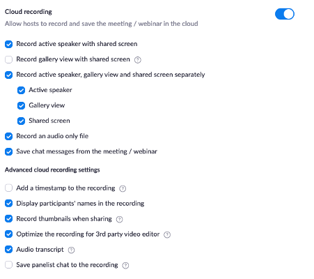 The settings for 'Record active speaker with shared screen' and' Audio Transcript' are checked.