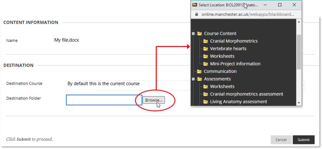 Choosing the new location for your file