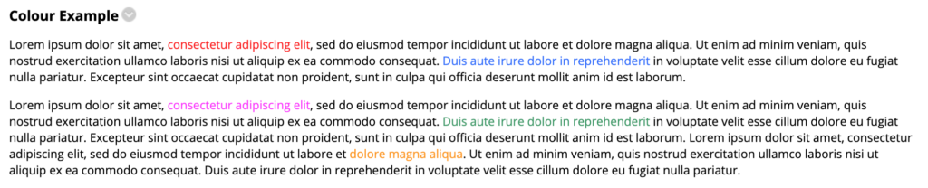 Image of Item text with several words highlighted in a rainbow of colours.