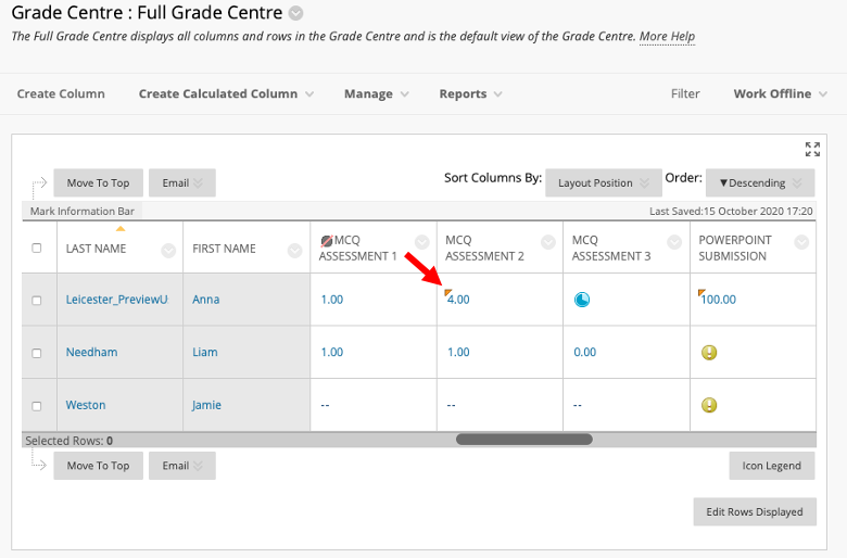 Image of the Grade Centre, showing an amended grade in the column for MCQ Assessment 2