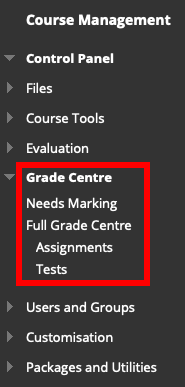 Image of the Course Management menu, showing the expanded Grade Centre menu options.