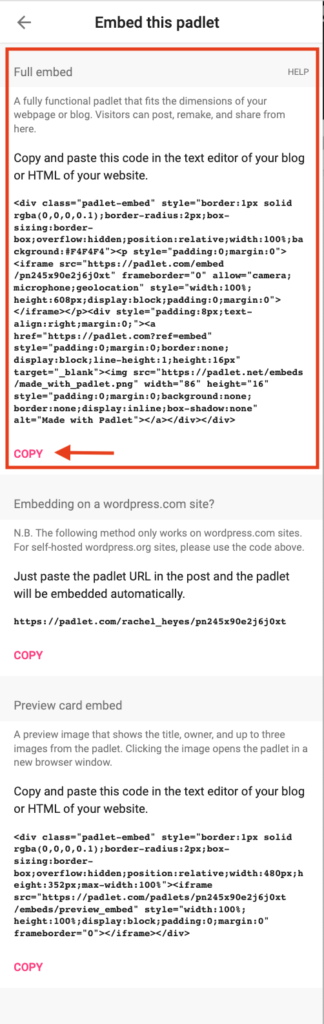 Padlet Board Share Embed Code Options