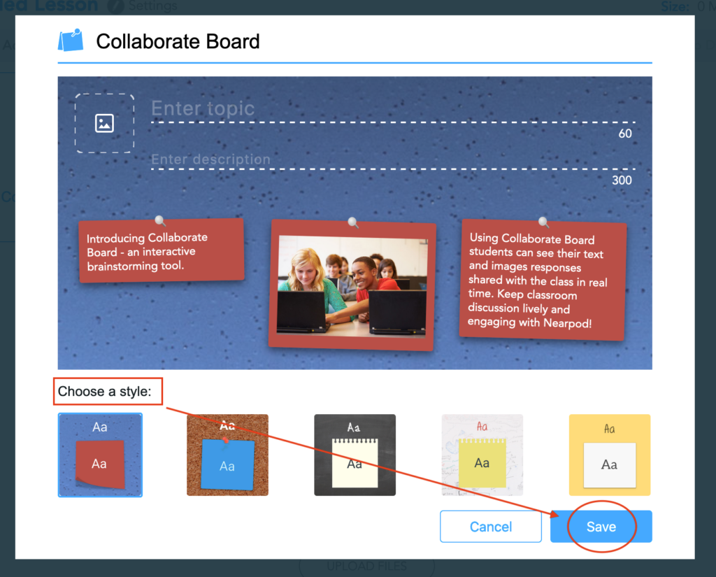 NearPod Collaborate Board Options Page