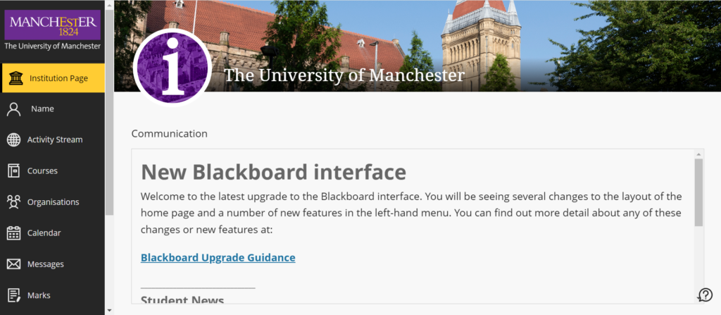 Screenshot of the Blackboard main page