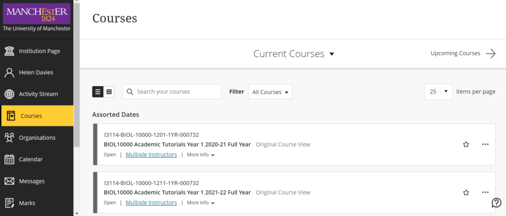 Screenshot of search options for locating courses onBB