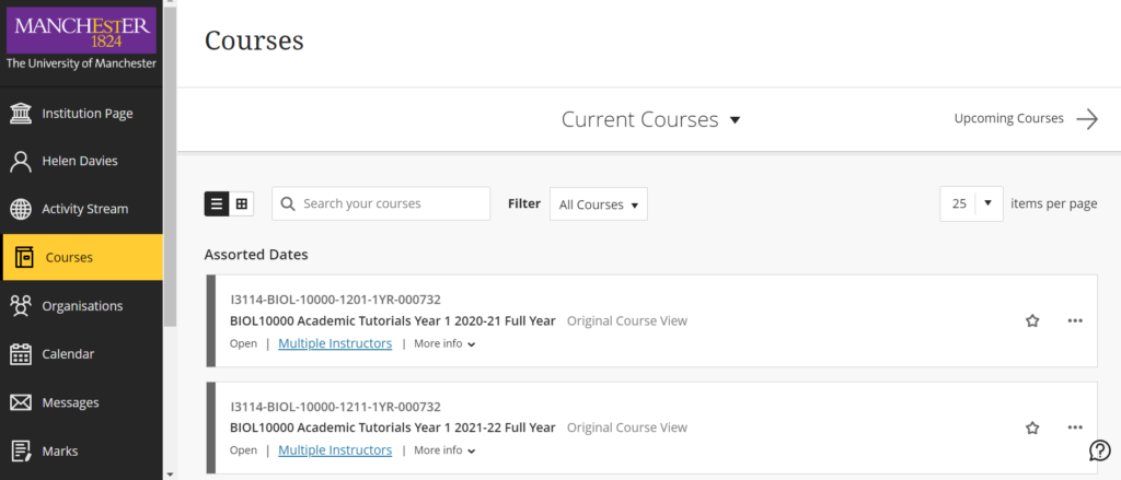 Screenshot of search options for locating courses  on Blackboard