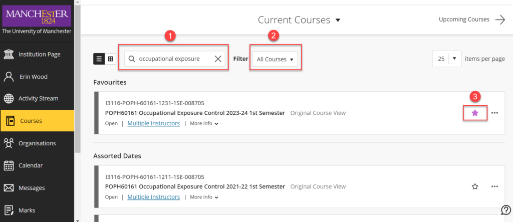 Screenshot of a search for a course which has been set as a favourite