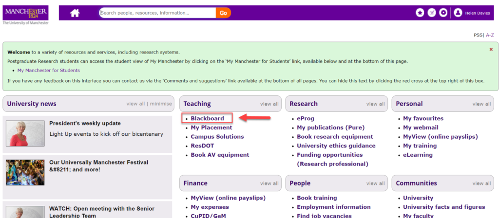 Image of MyManchester for Staff with the link to Blackboard highlighted.