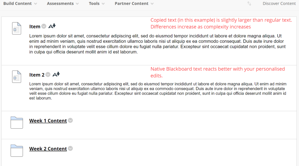 Image showing 2 items and 2 folders in a BB content area, highlighting that text is larger in item 1.