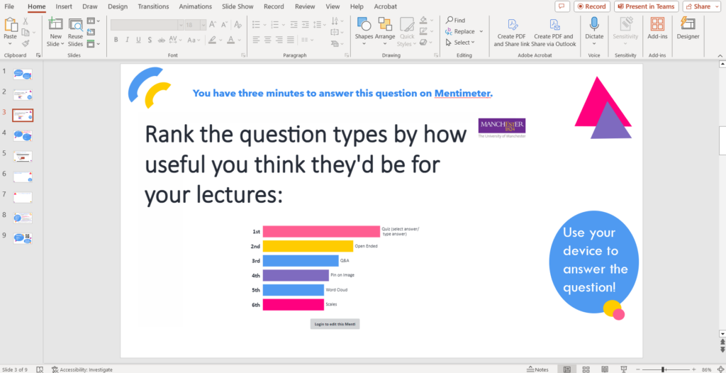 A screenshot of how the Mentimeter add in appears when a PowerPoint presentation is being edited