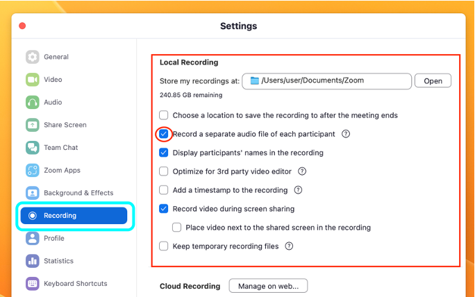 Navigate to the ‘Audio’ tab (as per image, highlighted with a blue rounded square) Enable ‘Record a separate audio file of each participant’ setting by selecting the tick box next to that option (as per image, highlighted with a red circle). 