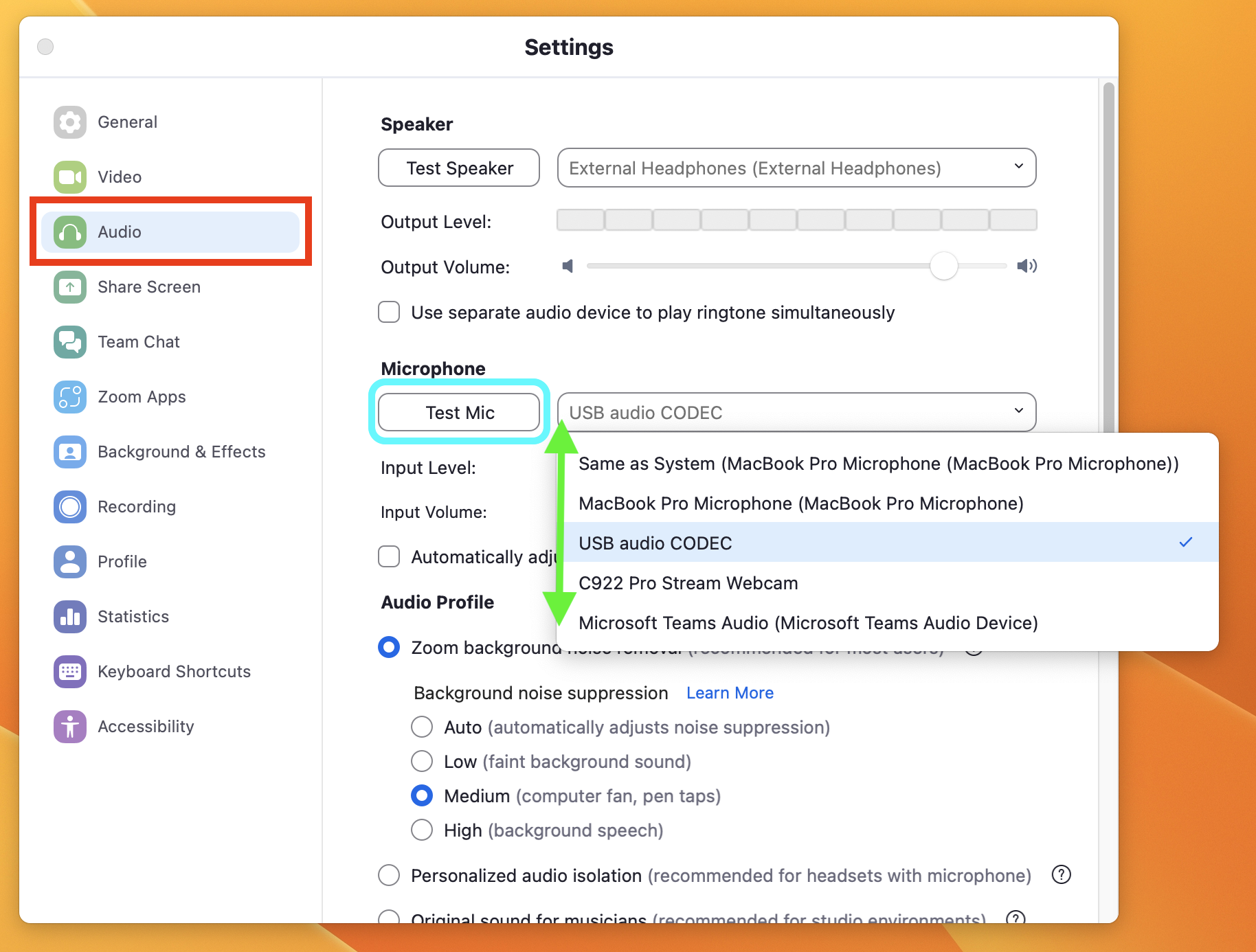 Navigate to the ‘Audio’ tab (as per image on the left, highlighted with a red square): 1. Select the microphone you plan to use from the drop-down list (as per image on the left, highlighted with green arrows). 2. Run a sound check by selecting the ‘Test Mic’ Button (as per image, highlighted with a blue rounded square).