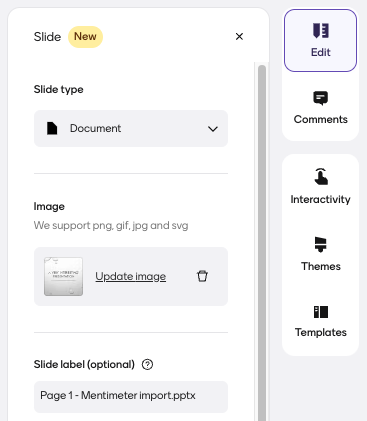 Edit menu on a slide in Mentimeter. There is an option labelled 'Update image', where you can add alt text.