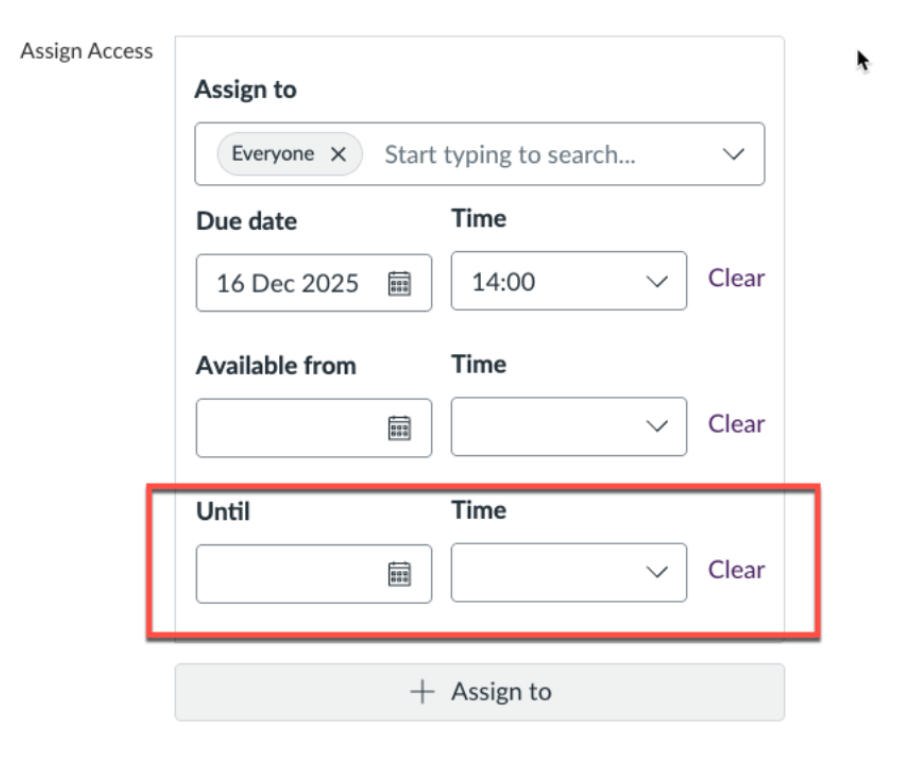 Assign access field in Canvas, with the 'until' field highlighted