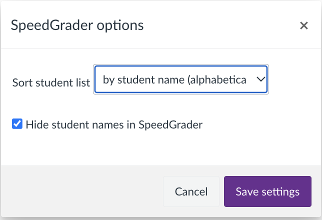 Speedgrader options window. Hide student names in speedgrader is ticked