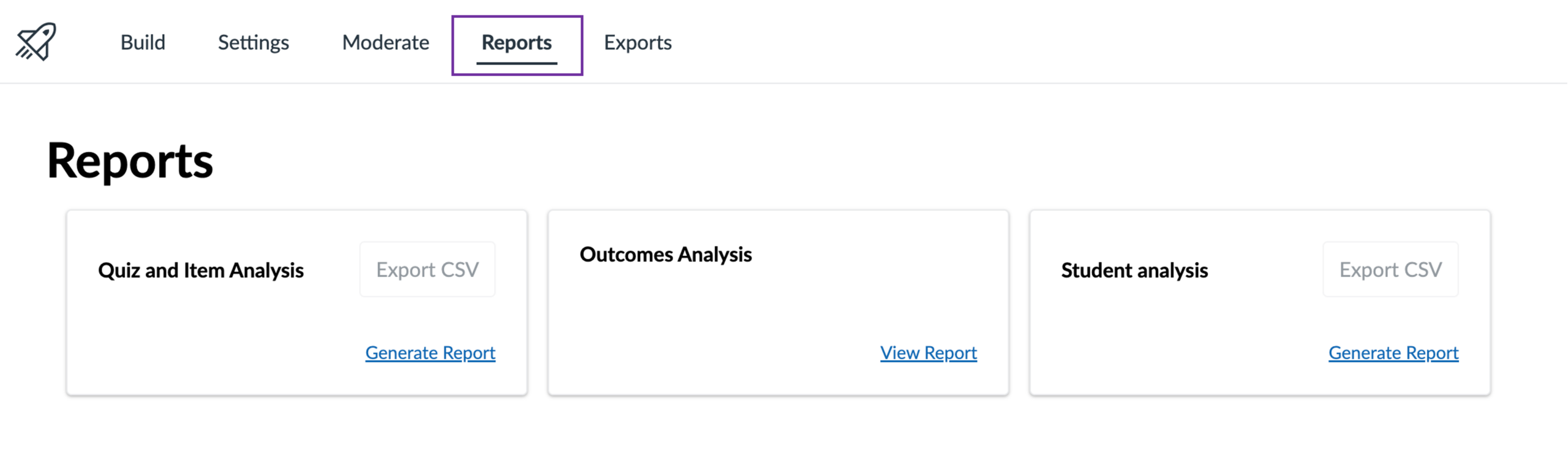 An image of the Canvas quiz reports area, displaying the options available